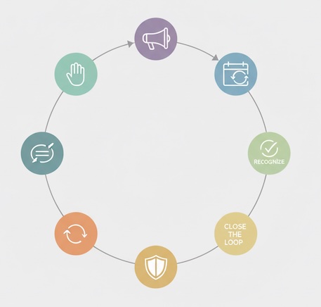 circular flywheel of community actions represented by icons only