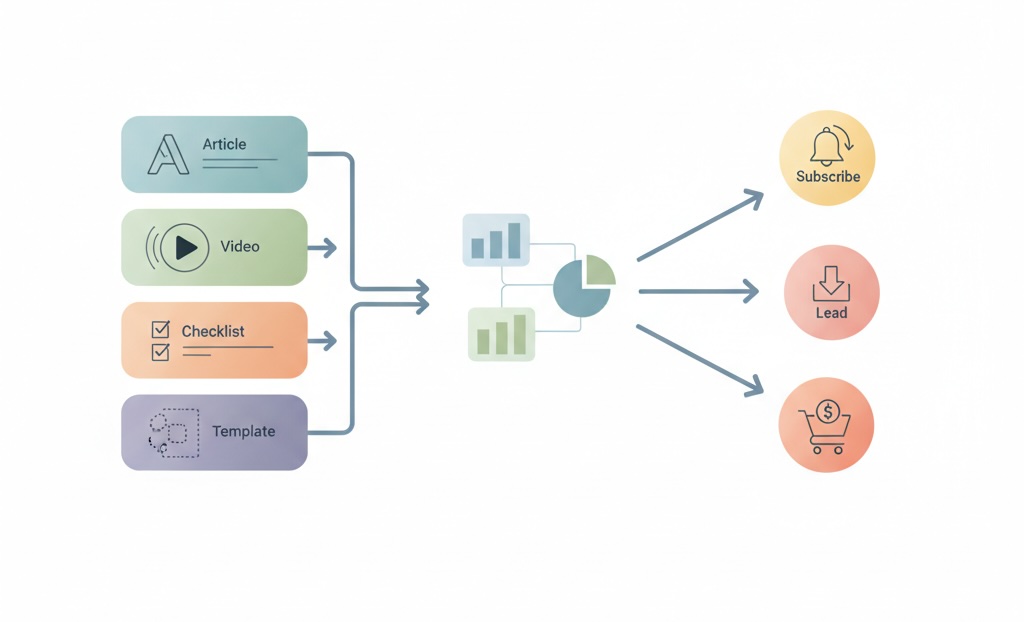 Illustration of content strategy: formats → metrics and business outcomes