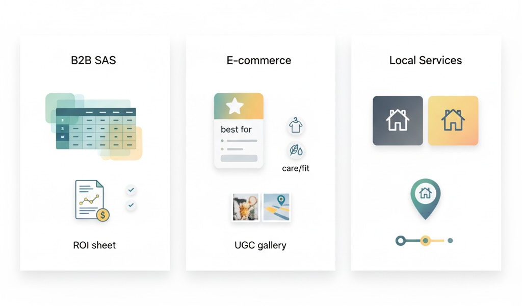 Three-panel illustration of content for SaaS, e-commerce, and local services