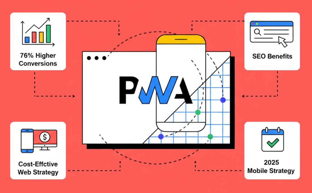Progressive Web Apps showing SEO benefits with loading speed optimization and mobile-first indexing for 2025