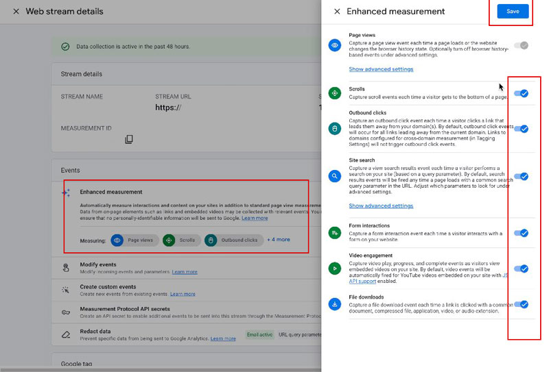 GA4: Enhanced Measurement settings with toggles for scroll, outbound clicks and video engagement