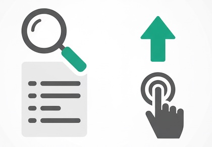 Magnifying glass on results with an upward click arrow