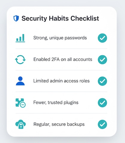 Checklist panel highlighting core habits like strong passwords, 2FA, and lean plugins.