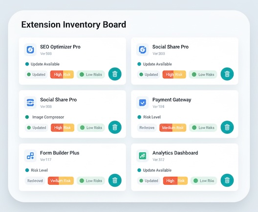 Grid of plugins with update and risk indicators and a remove option