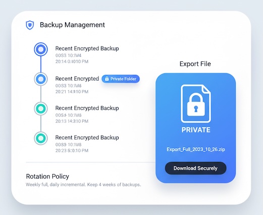 Backup timeline with private storage and an export file marked as protected