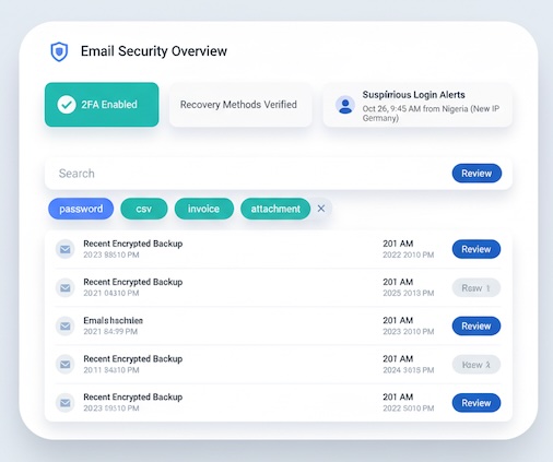 Email security panel showing 2FA on, verified recovery, and alert tiles.