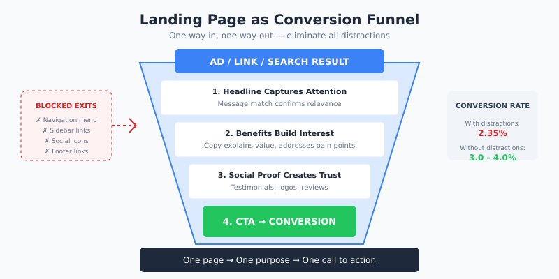 Landing page conversion funnel showing visitor journey from ad click to conversion