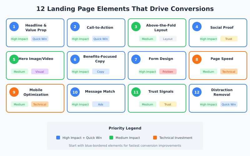 12 landing page optimization elements organized by impact area and priority