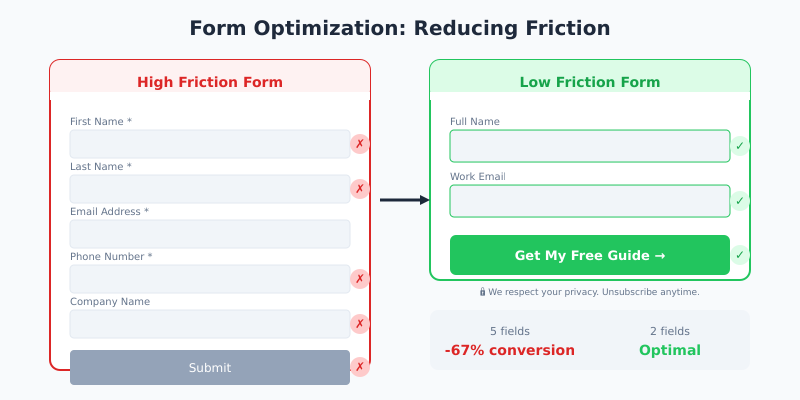 Form optimization comparison showing high-friction vs low-friction form design