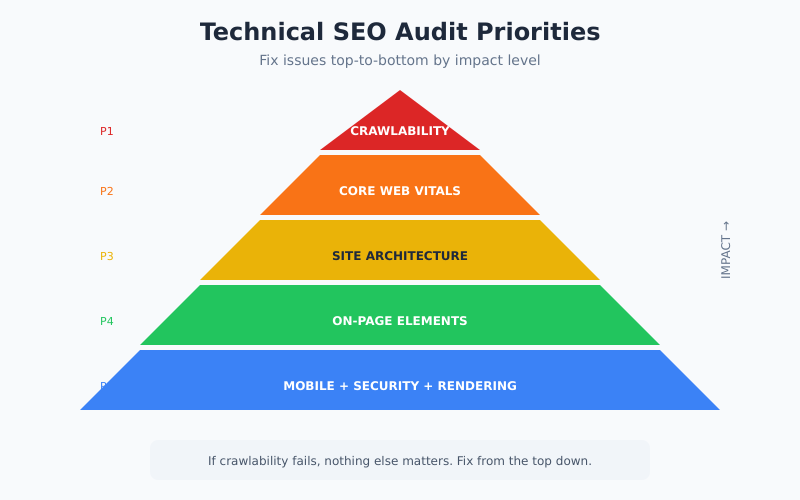 Technical SEO audit priority pyramid - crawlability, performance, architecture, on-page elements