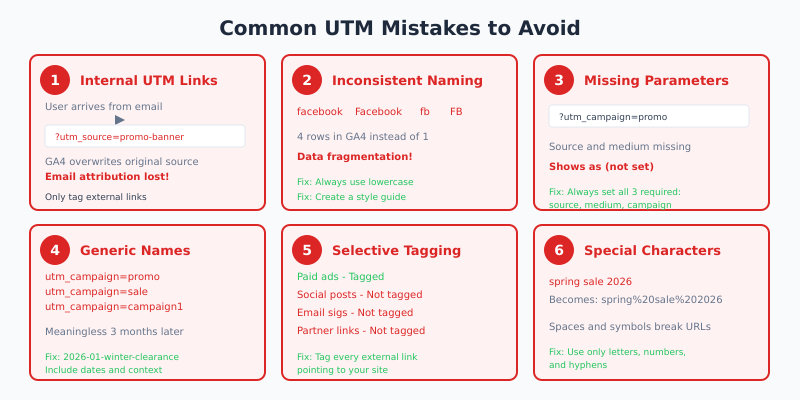 Common UTM tracking mistakes: internal links, inconsistent naming, missing parameters, and case sensitivity issues