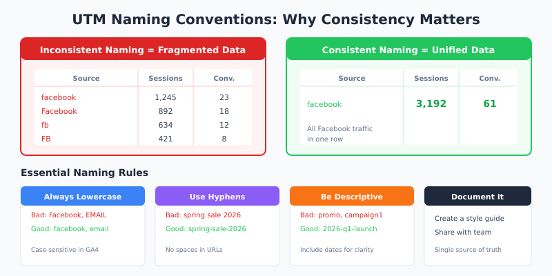 UTM naming conventions comparison showing fragmented vs unified data in analytics