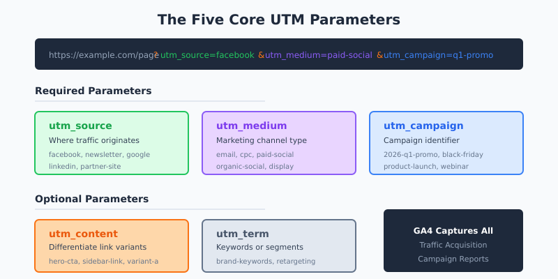UTM parameters structure showing five core parameters: source, medium, campaign, content, and term