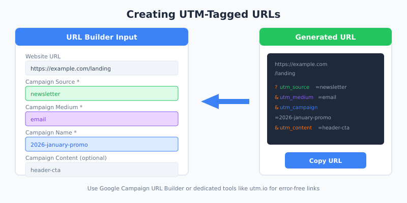 UTM URL builder workflow showing parameter inputs and generated tracking URL
