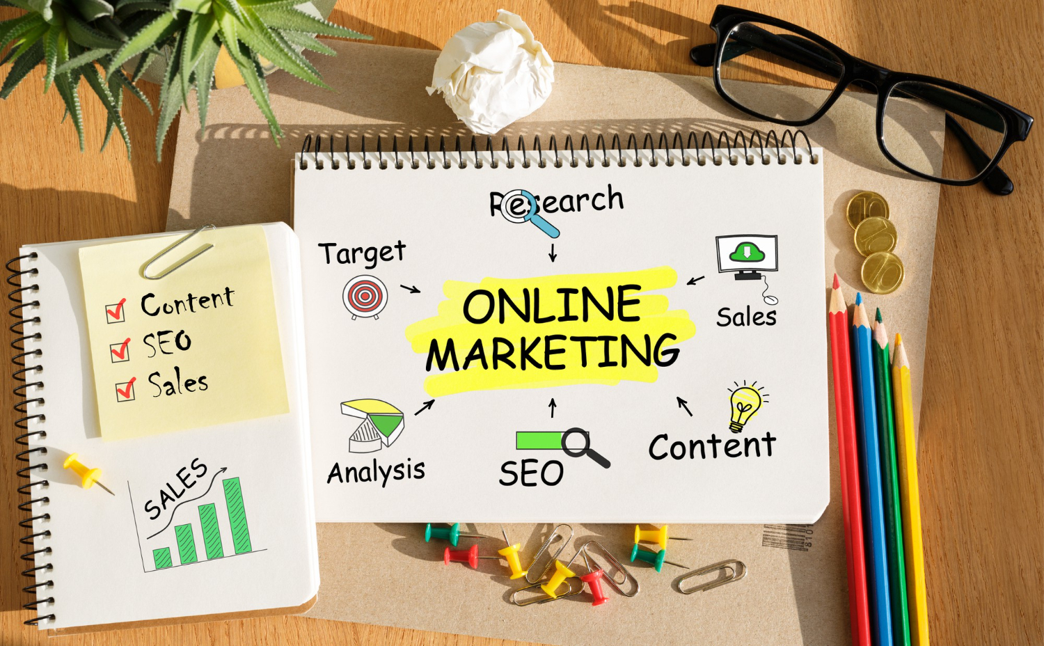 Online marketing SEO strategy notebook with notes