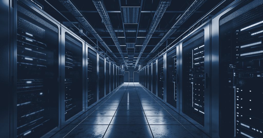 Rows of servers in a data center hallway, navy duotone