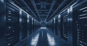 Rows of servers in a data center hallway, navy duotone